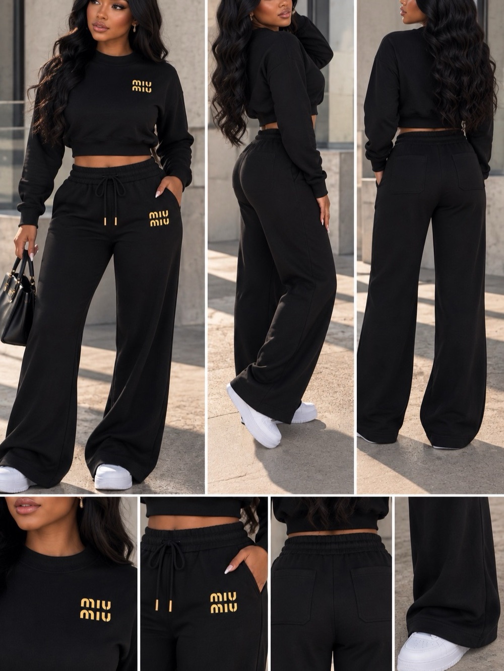 2 pc buttery set Black Wide Leg Track Pants Set